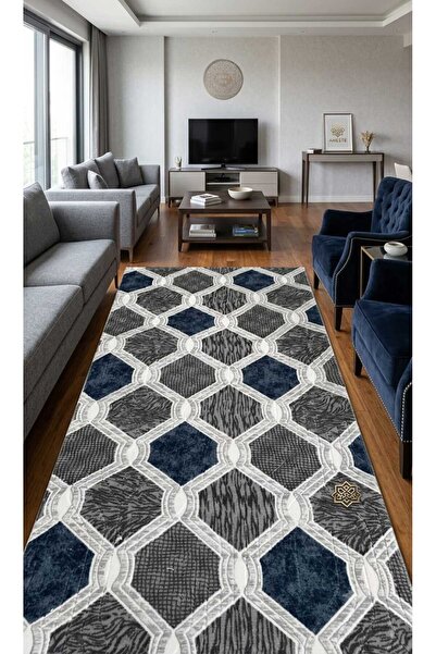 Nesrin Mavi Kaymaz Taban Dekoratif Dokuma Halı Yolluk Geometrik Petek Desen S...