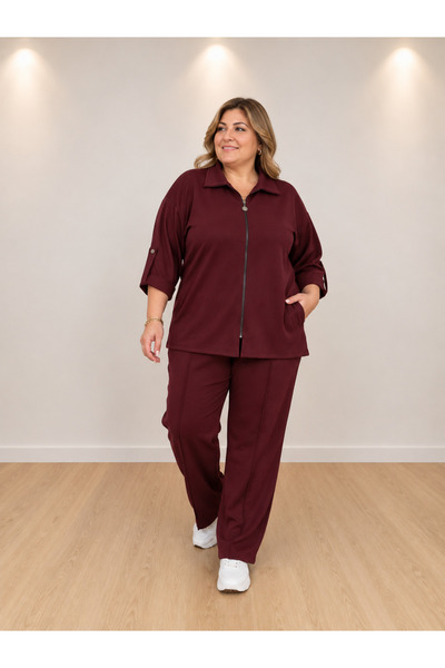Vera Curve Bordo Yakalı Büyük Beden Takım