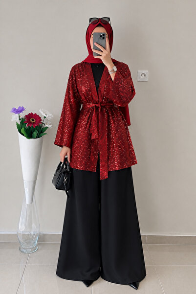 DİLEKBUTİK Kırmızı pullu kadife kemerli kimono