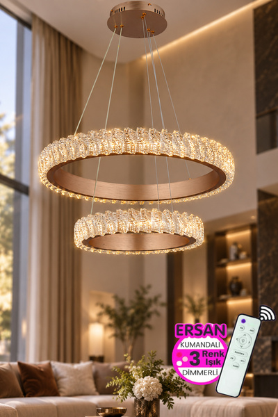 Ersan Avize Quantum Rose Gold 2 Katlı Kumandalı 3 Renk Işık Özelikli Dimerli ...