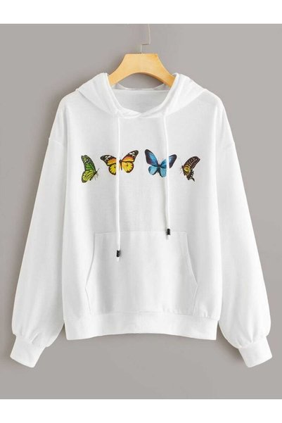 ZEMLİYA Unisex White Relaxed Fit Hooded Kangaroo Pocket Thick Sweatshirt