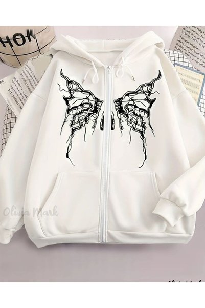 ZEMLİYA Unisex White Off-Shoulder Oversize Hooded Casual Sweatshirt with Kang...