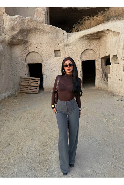 kırmızı butiks Gri Wide Leg Dokuma Kumaş Pantolon