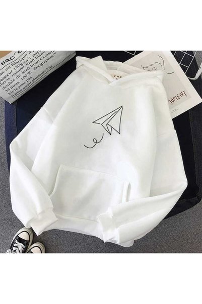 ZEMLİYA Hanorac unisex alb, cu croială lejeră, cu glugă, căptușită, călduroasă