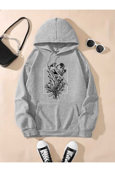 ZEMLİYA Unisex Gray Low Shoulder Oversize Hooded Casual Sweatshirt with Kanga...