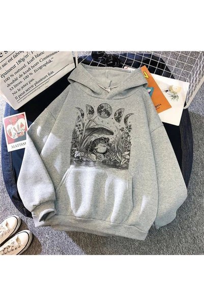 ZEMLİYA Unisex Gray Oversize Hooded Sweatshirt with Kangaroo Pocket, 3 Thread...
