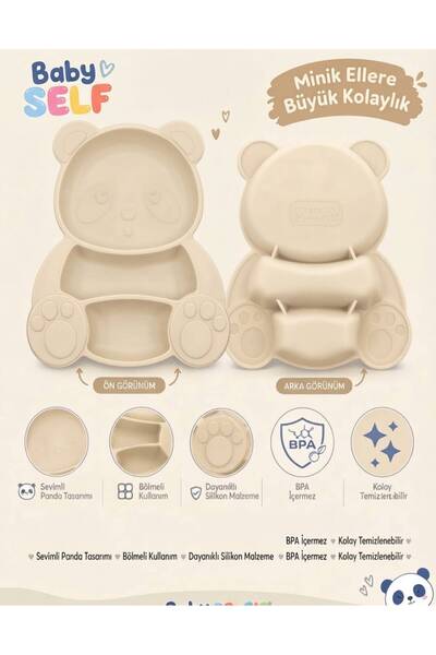 babyself 3’LÜ BEBEK BESLENME SETİ , MAMA TABAĞI PANDA SETİ KREM