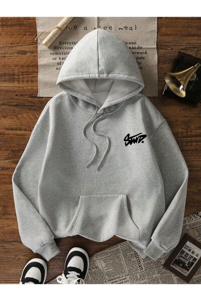 ZEMLİYA Unisex Gri Düşük Omuz Oversize Kapüşonlu Kanguru Cepli Rahat Sweatshirt
