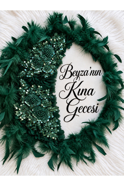 Yeşil, Zümrüt Yeşili 2 Aplik İşlemeli Yapay Çiçek ve Tüylü Kişiye Özel Beyaz Zeminli Kına, Gelin, Sünnet, Bride, Nedime Tefi 32 cm