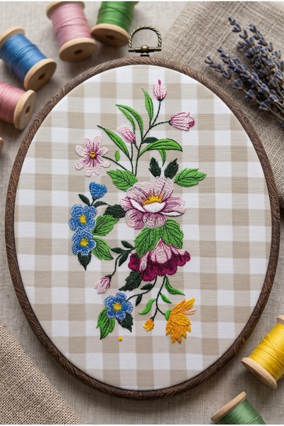 Silkensoul Vintage Pötikare Kumaş Üzerine Renkli Çiçek Nakışlı Kasnak Pano - ...