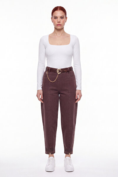 EXİTLİNE Pantaloni din denim maro de iarnă pentru femei, cu design special, c...