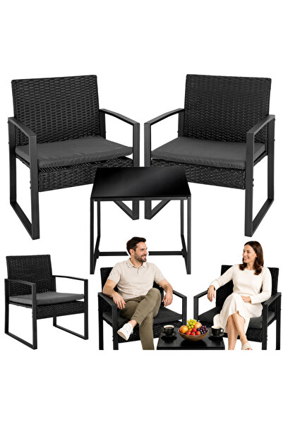 LEAN Set mobilier de grădină din ratan, două scaune, masă, terasă, balcon, negru
