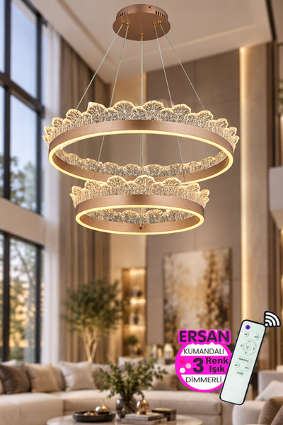 Ersan Avize Grand Rose Gold 2 Katlı Kumandalı 3 Renk Işık Özelikli Dimerli Sa...
