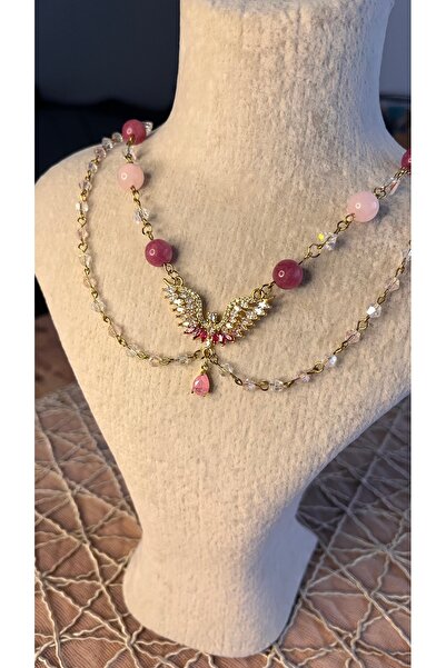 Miras Collection - Melek Kalbi Kanat Figürlü Pembe Kuvars 316L Çelik Kolye
