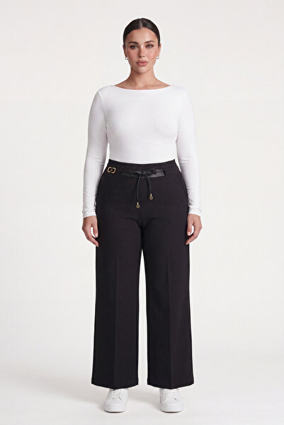EXİTLİNE Women's Black Seasonal High-Waisted Pants with Accessories and Stone...