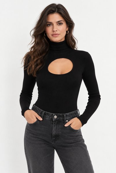 Mitsoli Kadın Siyah Balıkçı Yaka Göğüs Dekolteli Uzun Kollu Slim Fit Bluz