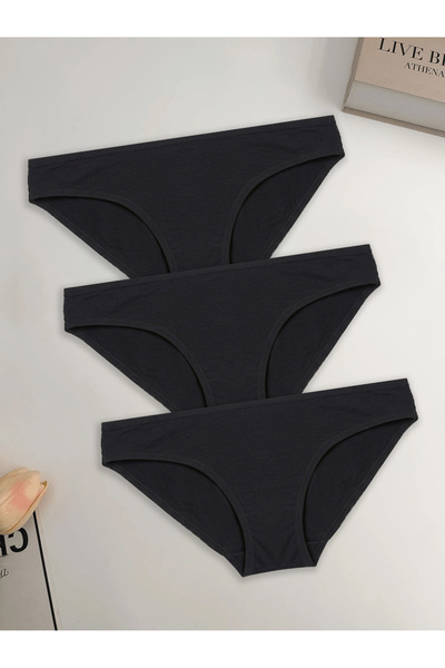 Liona 3 Lü Paket Düz Siyah Renk Pamuklu Elastan Kadın Slip Külot
