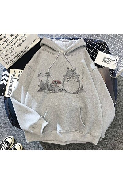 EFFRENATU Unisex Gray Low Shoulder Oversize Hooded Casual Sweatshirt with Kan...