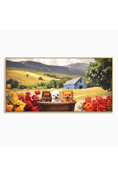 Luxcanva Tablou Canvas Tabara Catelusilor 120x60 cm cu Rama Auriu Tabara Cate...