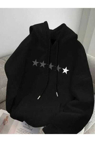 bellanova Unisex Black Oversize Hooded Sweatshirt with Kangaroo Pocket, 3 Thr...