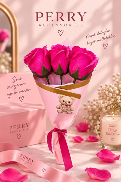 Perry Accesories 3 lü pembe kokulu gül stickerlı çiçek buketi özel tasarım çi...