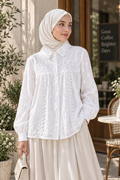 Generic Brand Women’s Lace Embroidered Collared Blouse – Long Sleeve