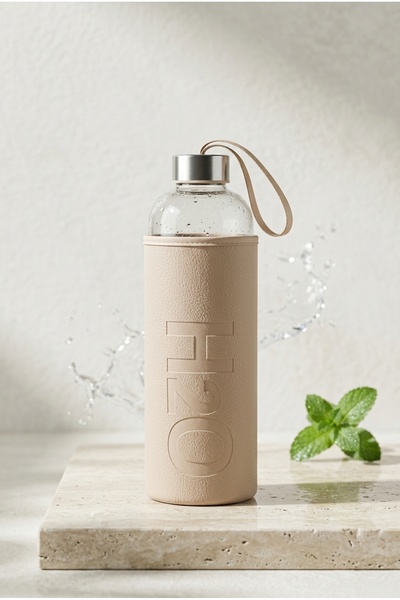 Tohana H2O Sağlıklı Cam Matara 1000 Ml Su Şişesi, Deri Kılıflı 1 Lt Sporcu Su...
