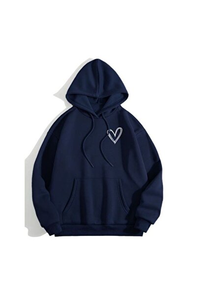 classy moda Unisex Navy Blue 3 Thread Threaded Oversize Hooded Sweatshirt Bas...