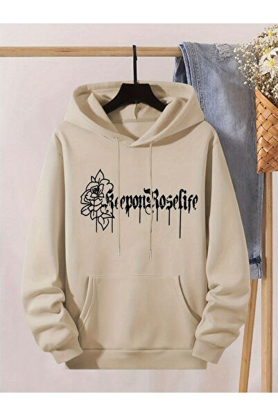classy moda Unisex Beige Streetwear Oversize Hooded Casual Cotton Sweatshirt ...