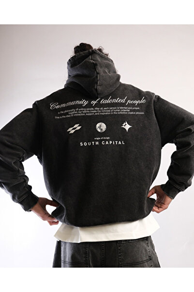 classy moda Unisex Anthracite Washed Fabric Casual Fit Hooded Sweatshirt with...