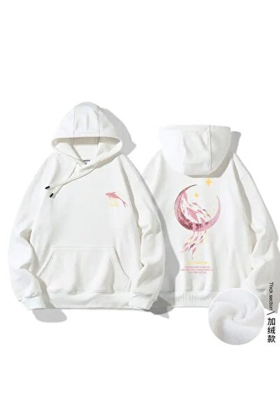 valeriae Unisex White Loose Fit Hooded Sweatshirt with Inner Pockets, Warm Ho...