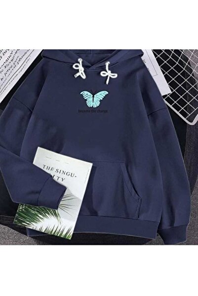 ZEMLİYA Modexa Unisex Hoody Navy Blue Relaxed Fit Hooded Kangaroo Pocket Thic...