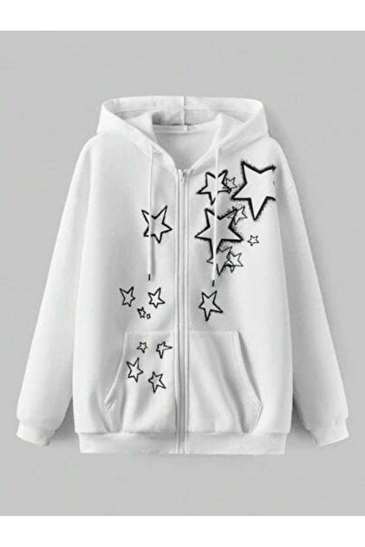classy moda Unisex White 3 Thread Raster Oversize Hooded Sweatshirt Basic Com...