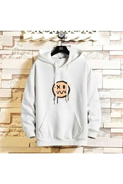 valeriae Unisex White Relaxed Fit Hooded Kangaroo Pocket Thick Sweatshirt