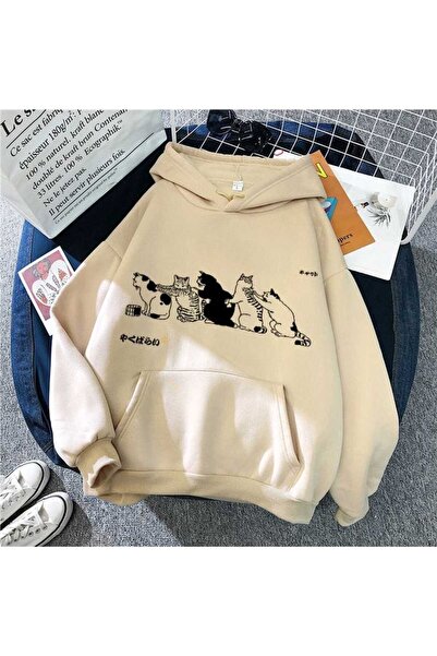 classy moda Unisex Beige Loose Cut Hooded Sweatshirt with Inner Pockets Warm ...