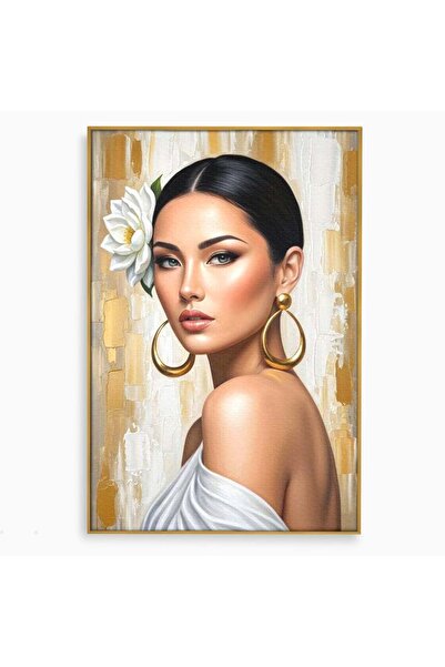 Luxcanva Tablou Canvas Femeia cu Cercei de Aur 40x60 cm cu Rama Auriu Femeia ...