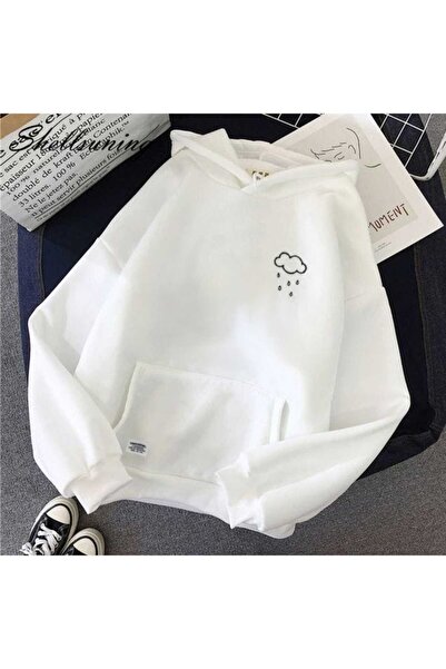 bellanova Unisex White Off-Shoulder Oversize Hooded Casual Sweatshirt with Ka...