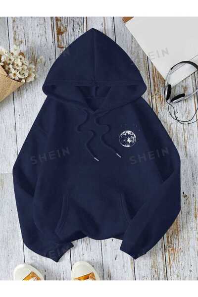 ZEMLİYA Modexa Unisex Hoody Navy Blue Loose Cut Hooded Sweatshirt with Inner ...