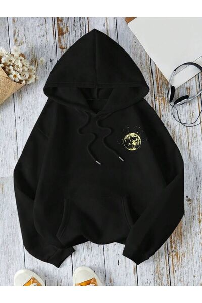bellanova Unisex Black Oversize Hooded Sweatshirt with Kangaroo Pocket, 3 Thr...