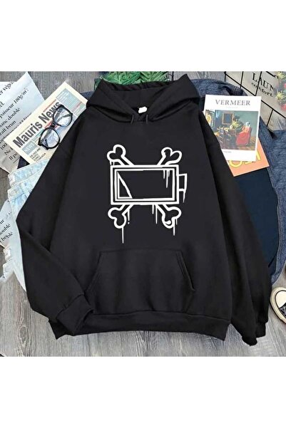 valeriae Unisex Black 3 Thread Threaded Oversize Hooded Sweatshirt Basic Comf...