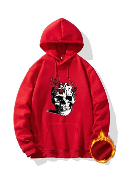 classy moda Unisex Κόκκινο Φούτερ με Χαλαρή Εφαρμογή και Ενσωματωμένη Επένδυσ...