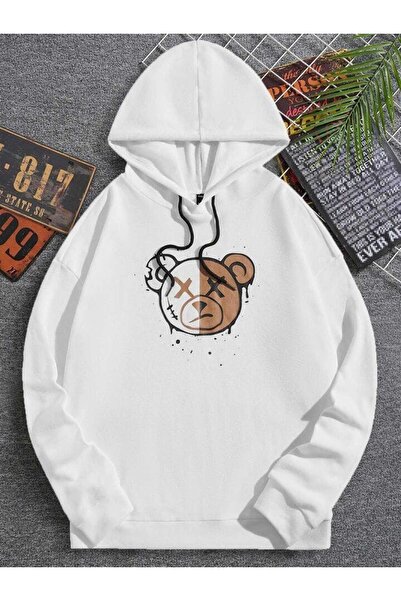 valeriae Unisex White Oversize Hooded Sweatshirt with Kangaroo Pocket, 3 Thre...