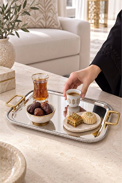 Generic صنية تقديم مقاس 40 × 30 سم باللون الفضي مع مقابض ذهبية مزخرفة – لمسة ...