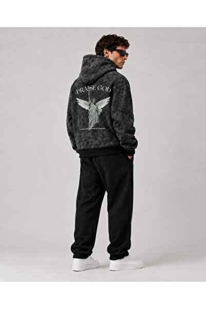 bellanova Unisex Anthracite Acid Wash Effect Washed Oversize Hoodie Thick Fabric