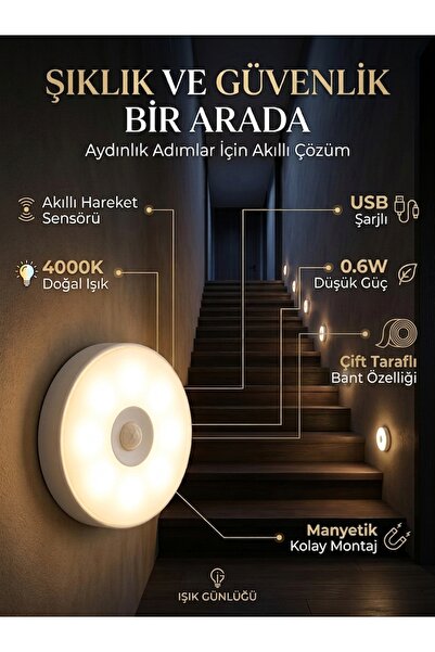 Genel Markalar Şarjlı Hareket Sensörlü Yuvarlak LED Gece Lambası - Manyetik &...
