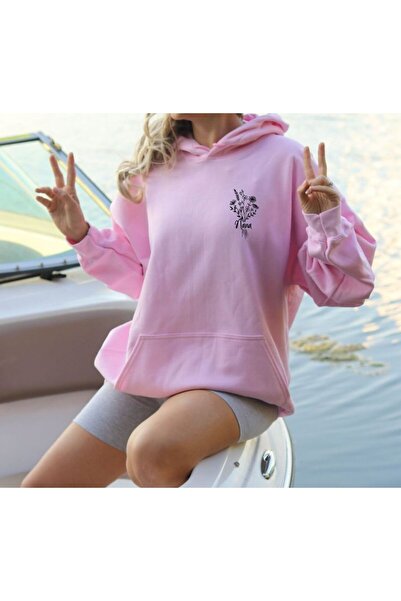 ZEMLİYA Modexa Unisex Hoody Pink Loose Fit Hooded Sweatshirt with Inner Pipin...