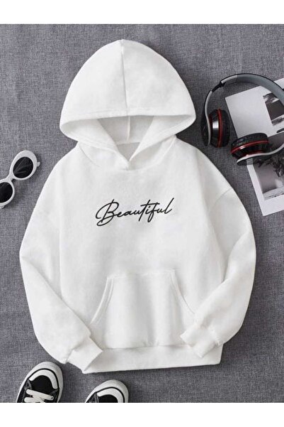 bellanova Unisex White Loose Fit Hooded Sweatshirt with Inner Pockets, Warm H...