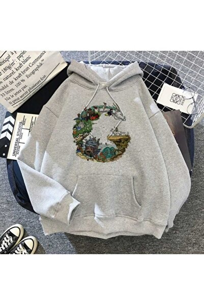 valeriae Unisex Gray 3 Thread Threaded Oversize Hooded Sweatshirt Basic Comfo...