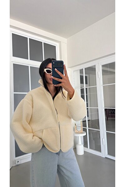 GAUS CO Krem Fermuarlı Cepli Polar Sweatshirt GAUS-02031 GAUS-01916