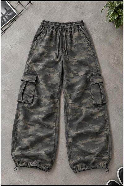 eyonnwear Unisex Baggy Kamuflaj Kargo Pantolon Extra Salaş Paçası Lastikli